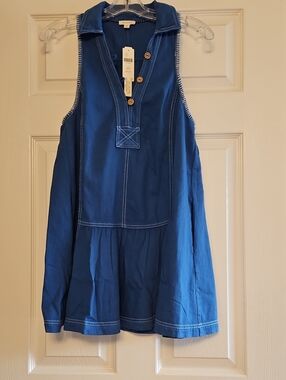 Anthropologie- PILCRO Blue Sleeveless Cotton Tunic Dress with Contrast Stitching